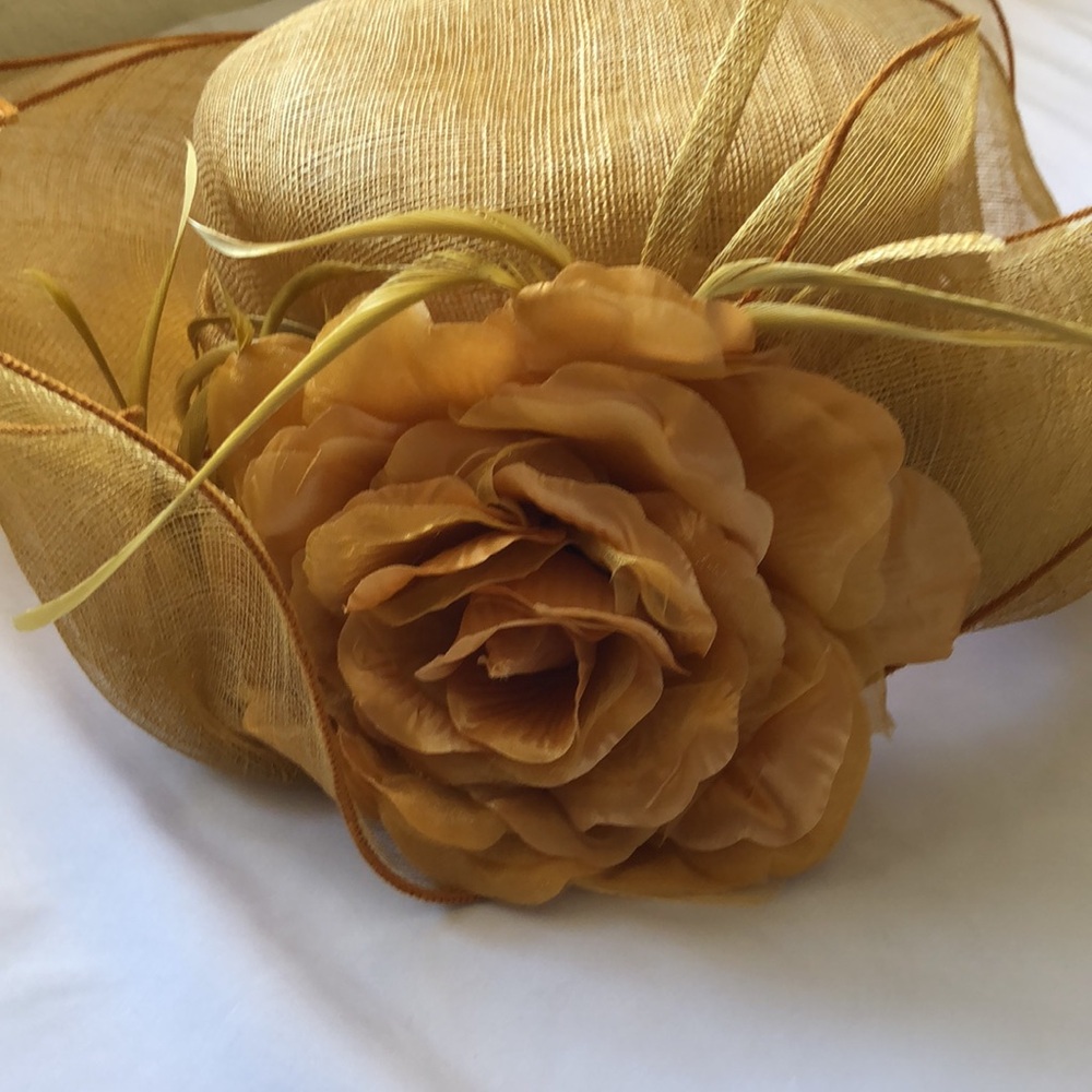 Something Special Sinamay gold Straw Wide Brimmed Fancy Summer Hat Large flower - Picture 2 of 12